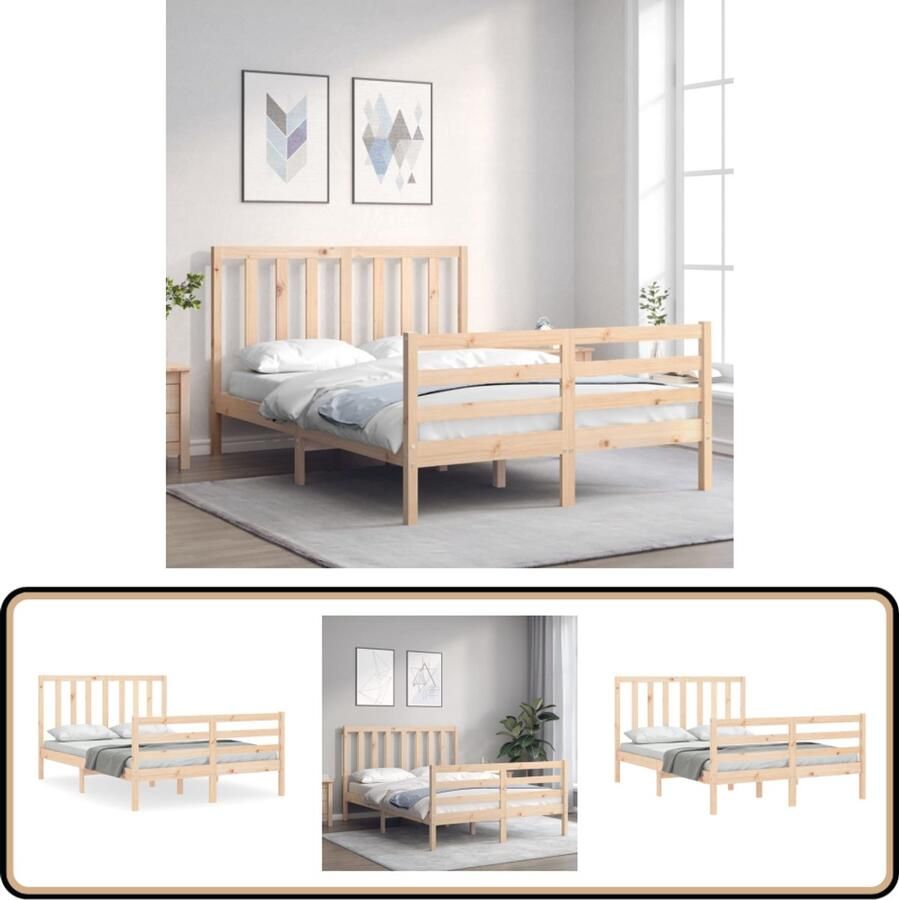 VidaXL Bedframe massief hout 135x190 cm Grenen Massieve Houten Bed Frame Tweepersoons Bed Grenenhouten Bed Met Hoofdbord Slaapcomfort