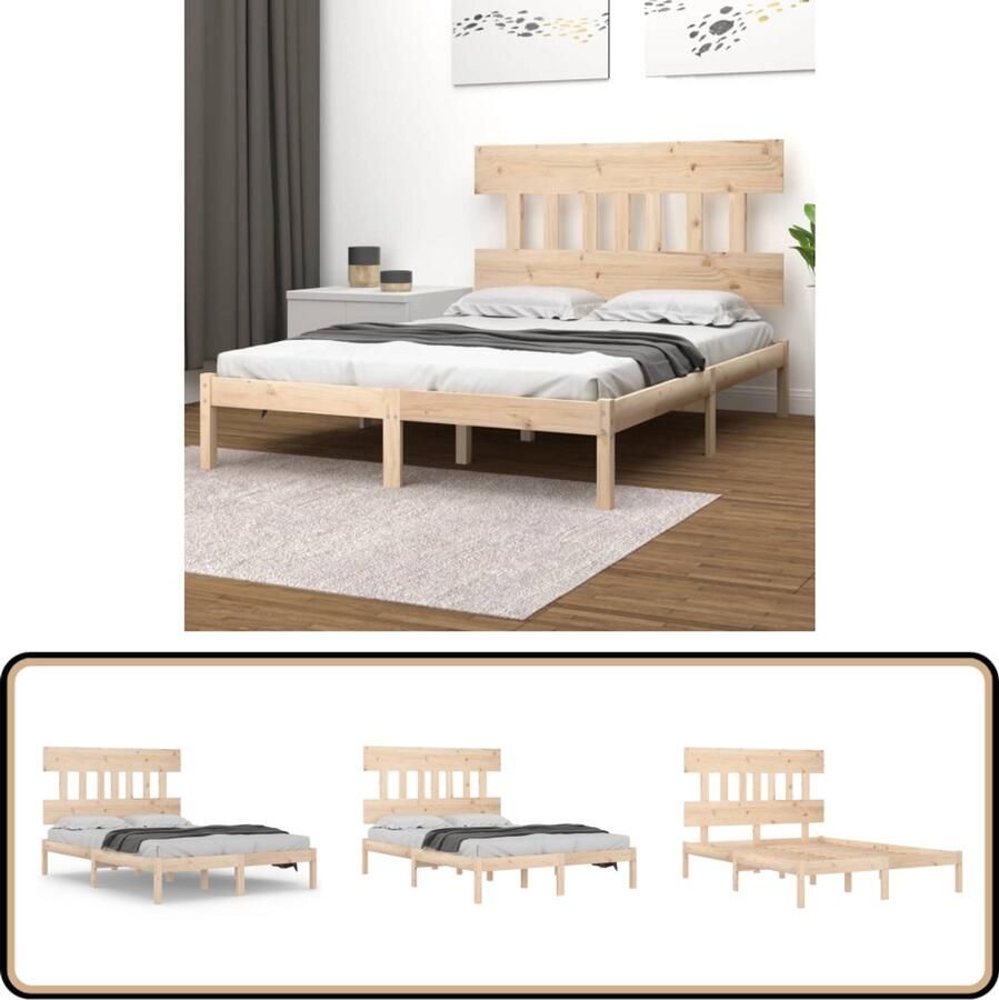 VidaXL Bedframe massief hout 140x190 cm Grenen Houten Bedframe Grenenhout Tweepersoonsbed Bedbodems Slaapkamers Meubels