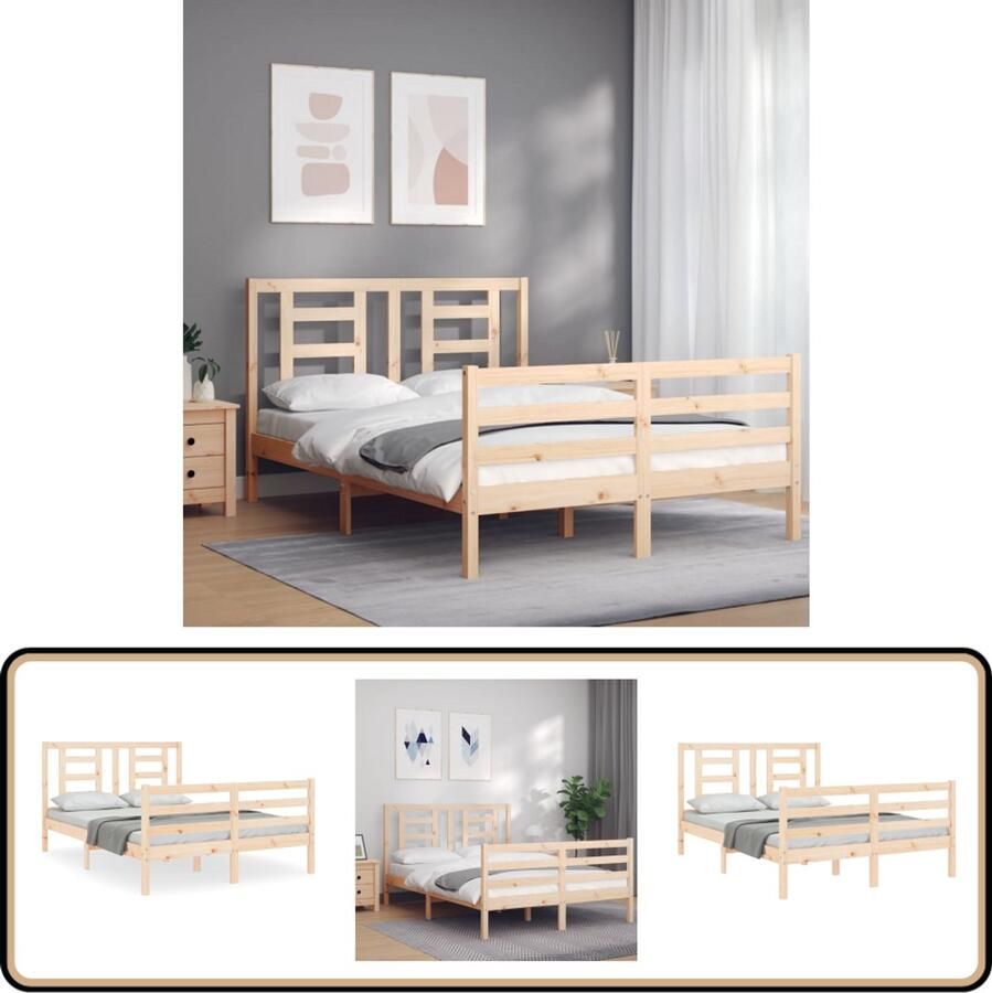 VidaXL Bedframe massief hout 140x200 cm Met hoofdbord Massief Hout Bed Frame Grenenhout Bed Tweepersoons Bed Bruine Bed Slaapkamer Meubels