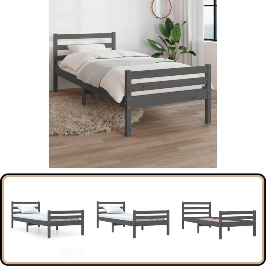 VidaXL Bedframe Massief Hout Grijs 100x200 cm Houten Bedframe Modern Bed Eenpersoonsbed Grijs Bed Grenenhout Bed Stabiel Bed Comfortabel Bed