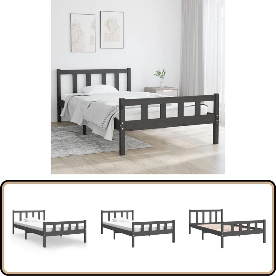 VidaXL Bedframe massief hout Grijs 100x200 cm Klassieke Bedframe Tweepersoonsbed Houten Bed Massief Grenenhout Grijze Bedframe