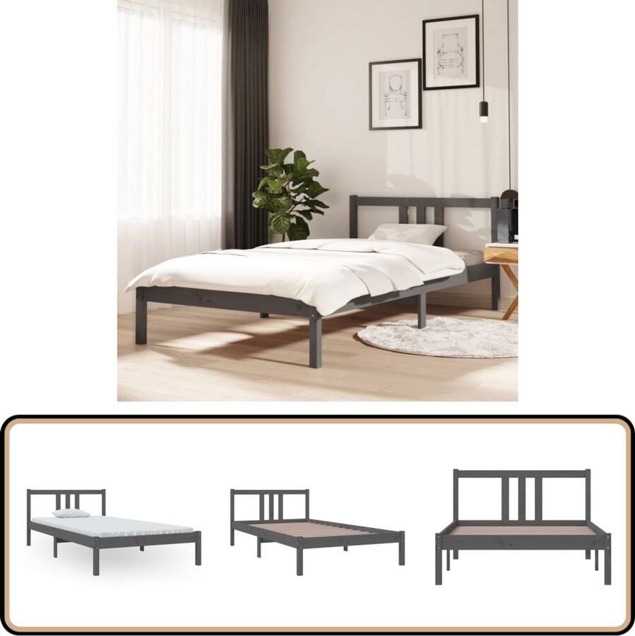 VidaXL Bedframe massief hout Grijs 100x200 cm Rustiek Bed Houten Bed Enkel Bed Eenpersoonsbed Bedframe Bedkast Slaapkamer Meubels Modern Design