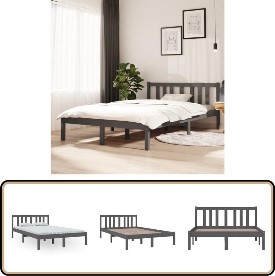 VidaXL Bedframe Massief Hout Grijs 120x200 cm Modern Bedframe Houten Bedframe Grenenhouten Bedframe Grijs Slaapcomfort Stabiele Bedframe Hoofdeinde