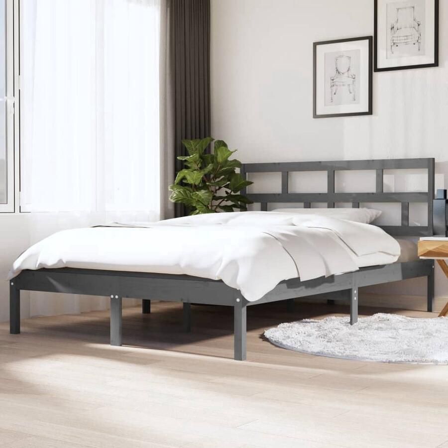 VidaXL Bedframe Massief Hout Grijs 135x190 cm Houten Bed Frame Massief Grenenhout Bed Frame Grijs Tweepersoons Bed Frame Bed Frame 135x190