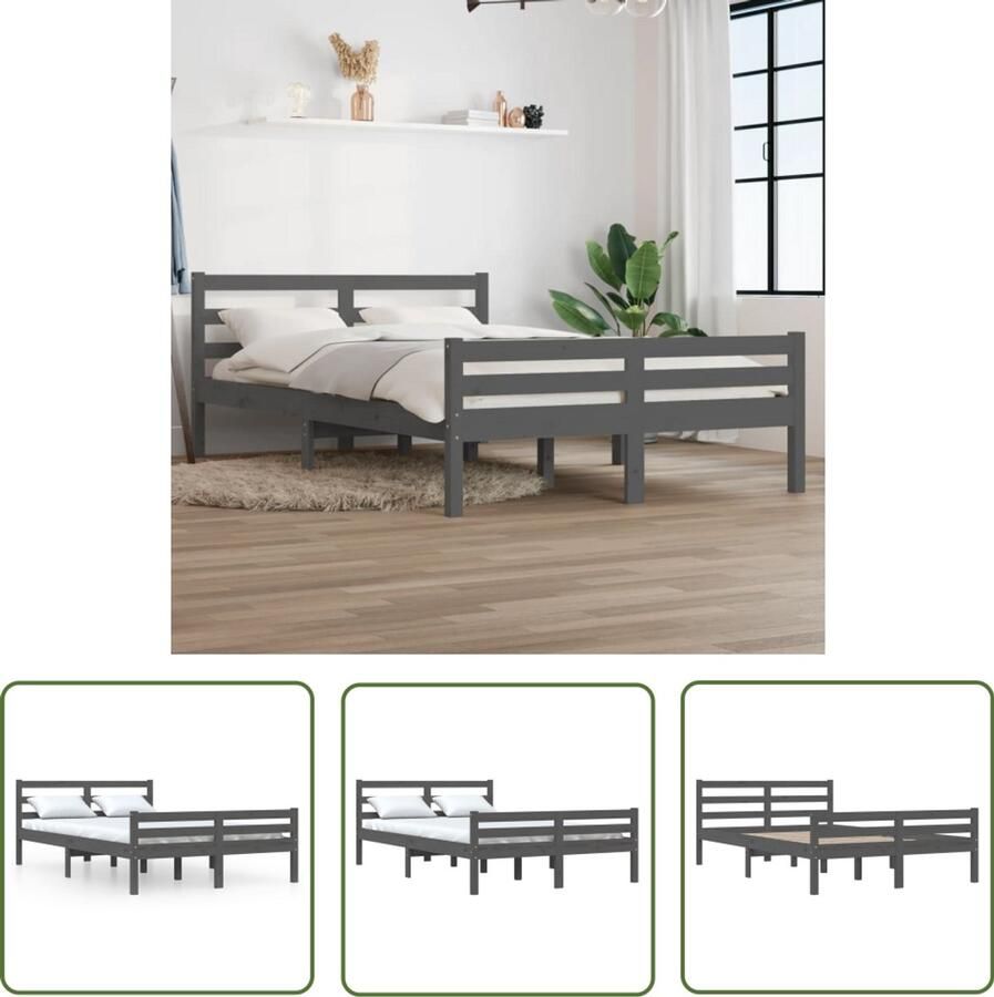 VidaXL Bedframe Massief Hout Grijs 135x190 cm Houten Bedframe Massief Grenenhout Grijze Bedframe Tweepersoons Bed Bedframe 135x190 Modern Bedframe