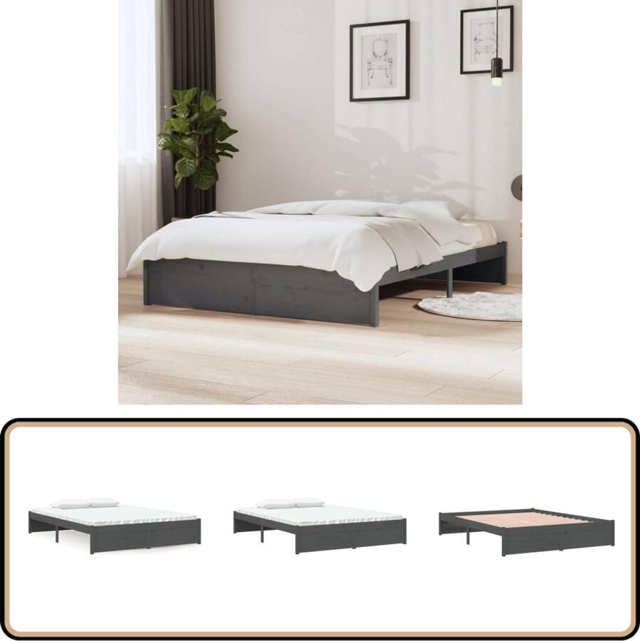 VidaXL Bedframe Massief hout Grijs 135x190 cm Houten Bedframe Massief Grenenhout Modern Bedframe Grijze Bedframe Tweepersoons Bed