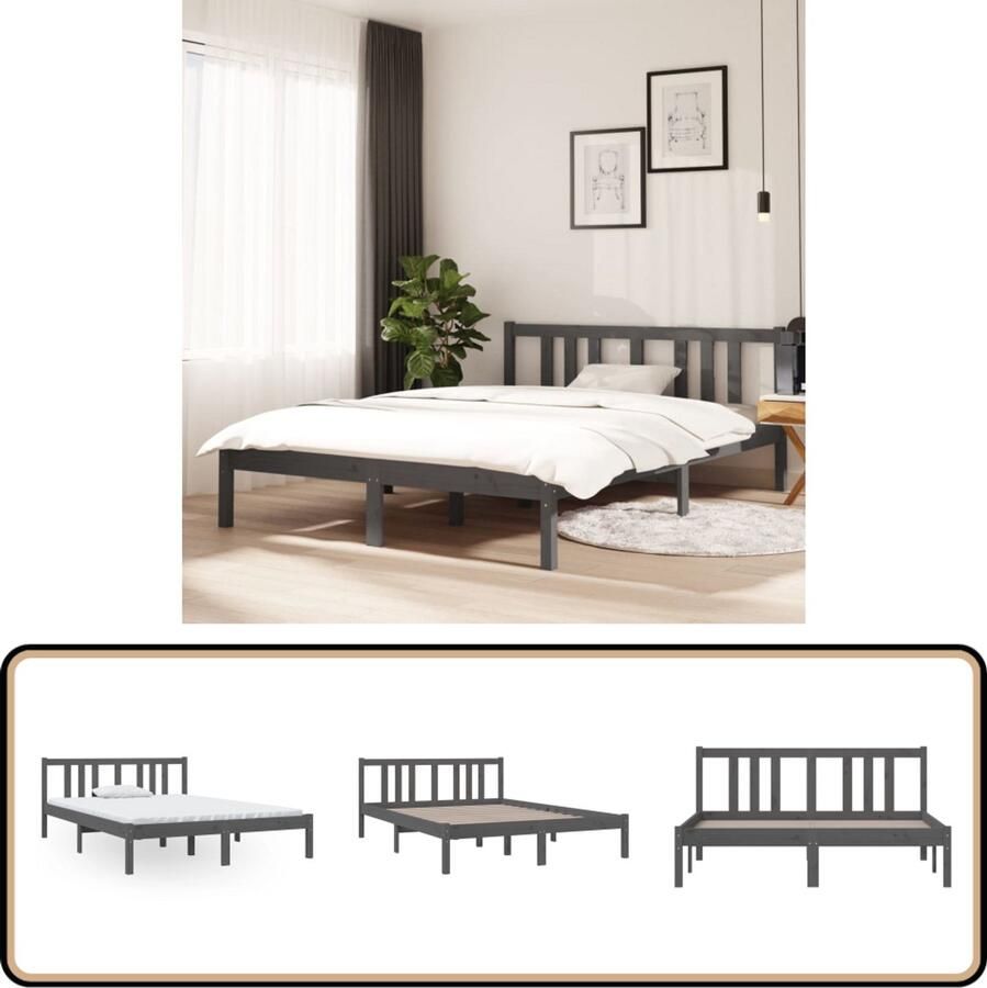 VidaXL Bedframe Massief Hout Grijs 135x190 cm Houten Bedframe Massief Grenenhout Modern Bedframe Grijs Tweepersoons Bedframe