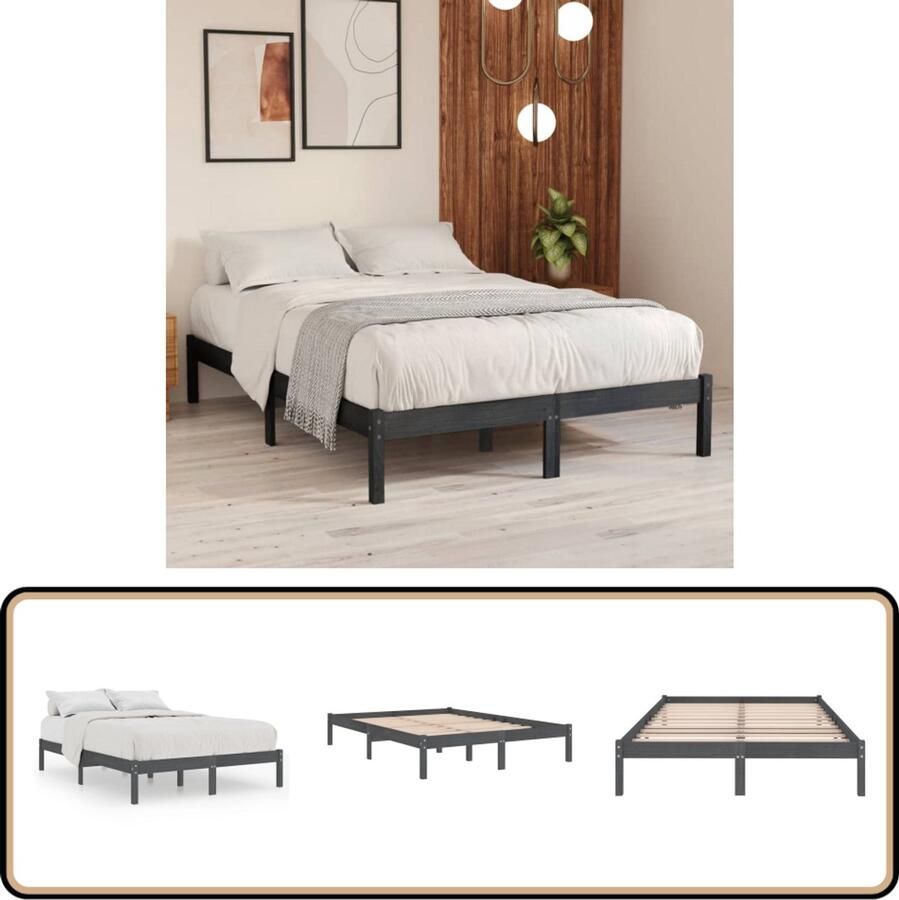 VidaXL Bedframe Massief Hout Grijs 135x190 cm Modern Bed Frame Houten Bedframe Grijs Bedframe Enkelpersoonlig Bed Tweepersoons Bed Frame 135x190 Massief Grenenhout Bed Slaapcomfort Design Bed