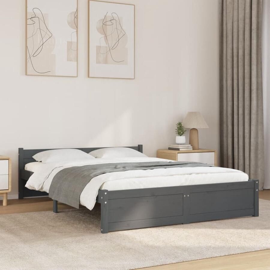 VidaXL Bedframe Massief hout Grijs 135x190 cm Modern Bedframe Houten Bed Massief Grenenhout Bed Grijze Bed Tweepersoon Bed Bedframe 135x190 Bedframe Kopen - Foto 2