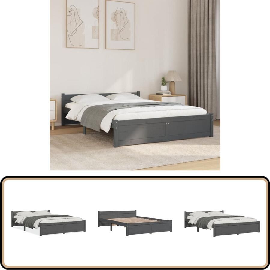 VidaXL Bedframe Massief hout Grijs 135x190 cm Modern Bedframe Houten Bed Massief Grenenhout Bed Grijze Bed Tweepersoon Bed Bedframe 135x190 Bedframe Kopen