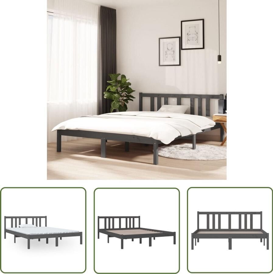 VidaXL Bedframe Massief Hout Grijs 140x190 cm Houten Bedframe Massief Grenenhout Bedframe Grijs King Size Bed Tweepersoonsbed Modern Bed Design Bed Kopen