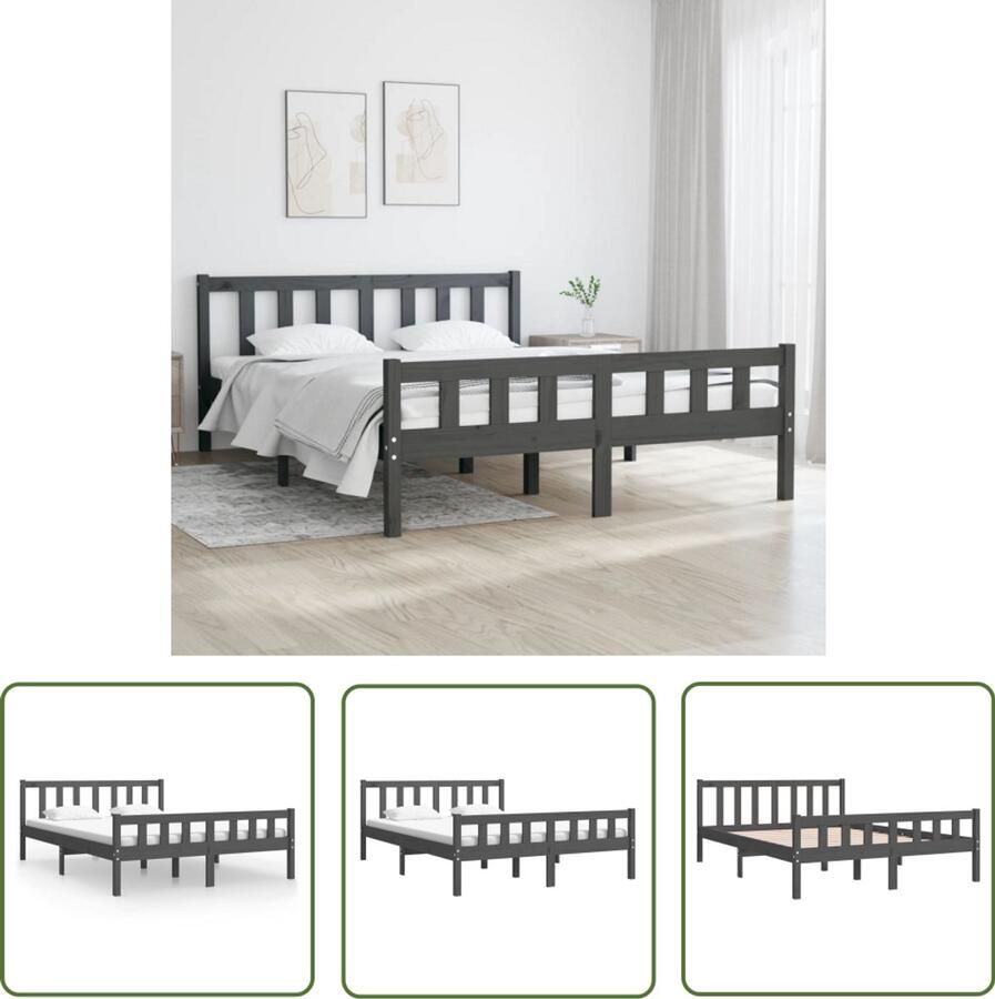 VidaXL Bedframe Massief Hout Grijs 140x190 cm Massieve Houten Bedframe Grijs Bedframe Tweepersoons Bedframe 140x190 Houten Bed
