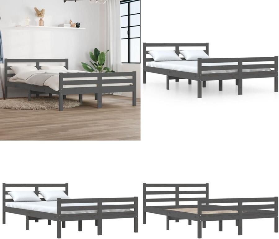 VidaXL Bedframe massief hout grijs 140x200 cm Bedframe Bedframes Bed Bedbodem