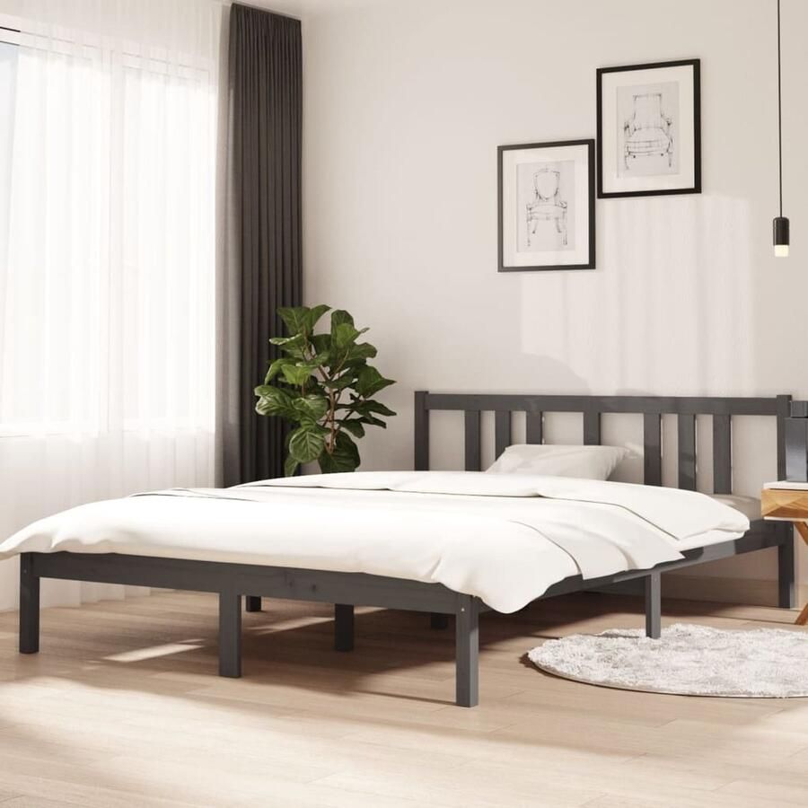 VidaXL Bedframe Massief Hout Grijs 140x200 cm Houten Bedframe Tweepersoons Bed Massief Grenenhout Grijze Bedbank Modern Bed Stabiele Bedbodems - Foto 2