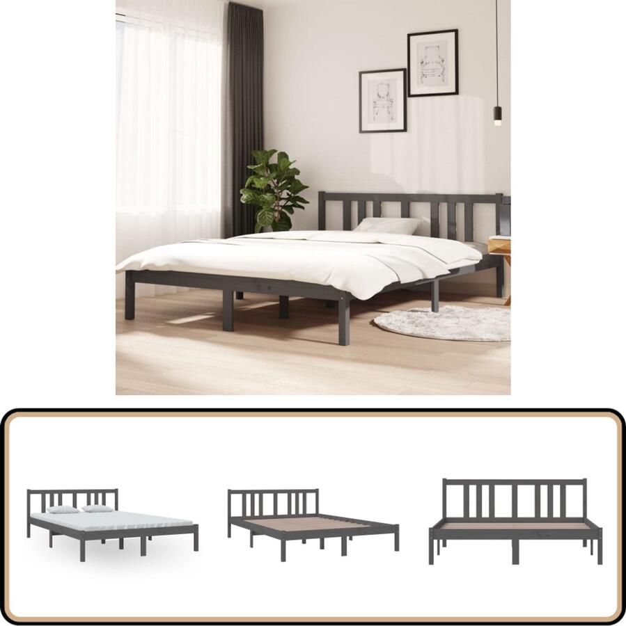 VidaXL Bedframe Massief Hout Grijs 140x200 cm Houten Bedframe Tweepersoons Bed Massief Grenenhout Grijze Bedbank Modern Bed Stabiele Bedbodems