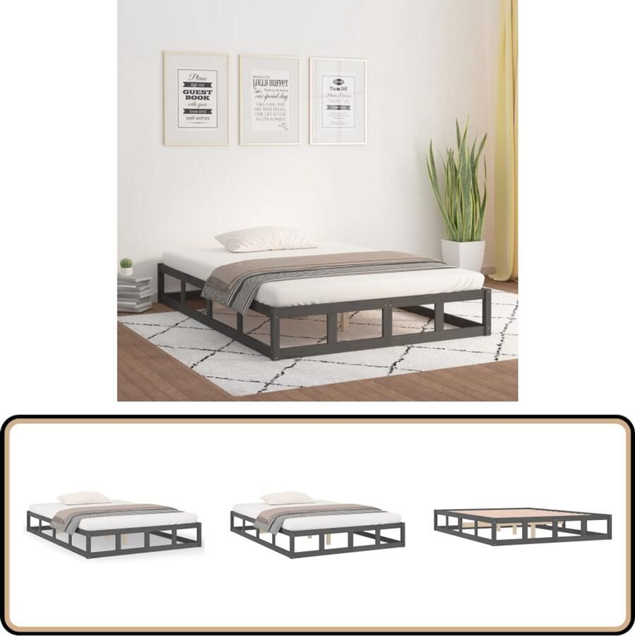 VidaXL Bedframe Massief Hout Grijs 150x200 cm Houten Bedframe Tweepersoons Bed King Size Bed Grijze Bed Modern Bed Stabiele Bedbodems