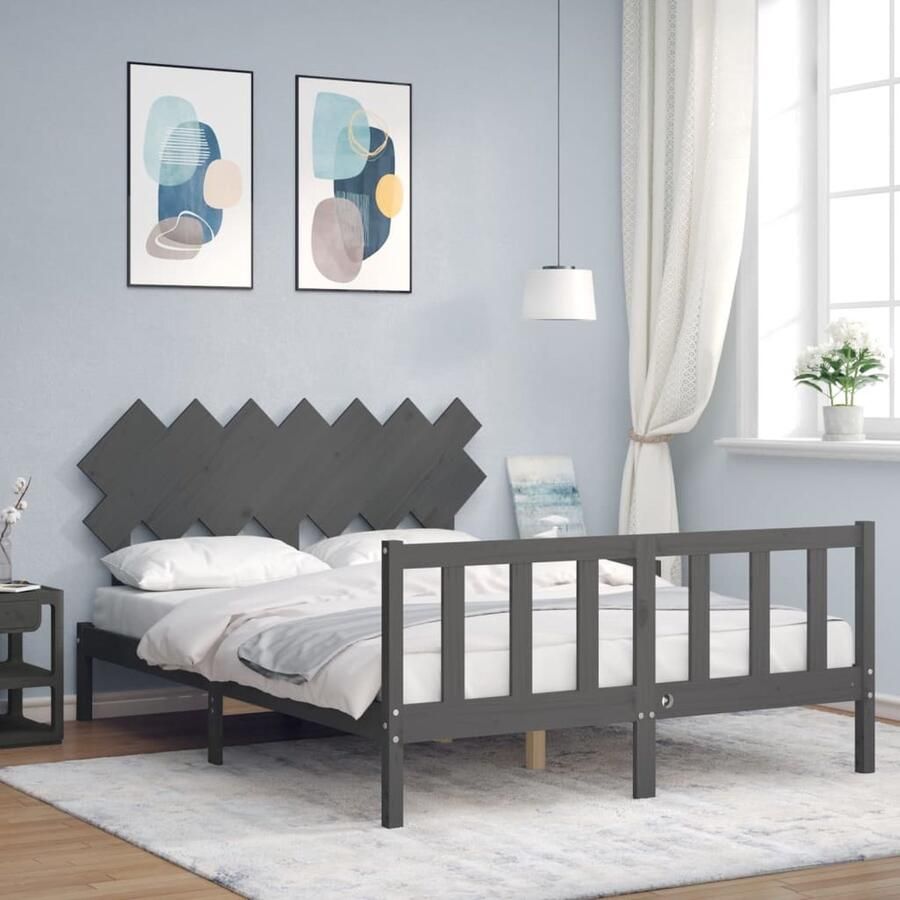 VidaXL Bedframe massief hout grijs 150x200 cm Massief Grenenhouten Bed Frame Bed Frame Grijs King Size Bed Boxspring Bed Tweepersoons Bed Bedroom Furniture - Foto 2