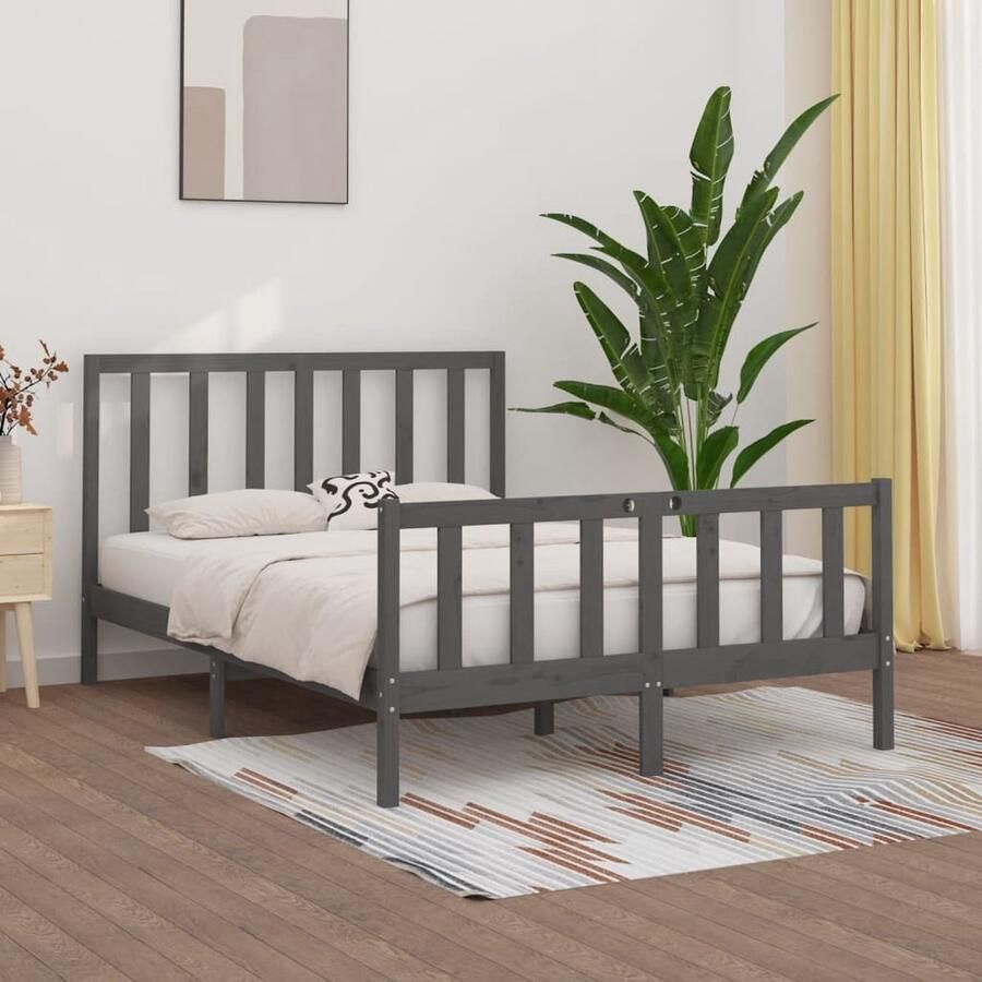 VidaXL Bedframe Massief Hout Grijs 150x200 cm Massieve Houten Bed Tweepersoons Bed Grijs Bed Bedframe Hoofdbord Slaapkamers - Foto 2