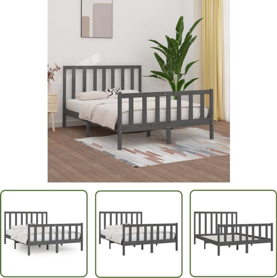 VidaXL Bedframe Massief Hout Grijs 150x200 cm Massieve Houten Bed Tweepersoons Bed Grijs Bed Bedframe Hoofdbord Slaapkamers