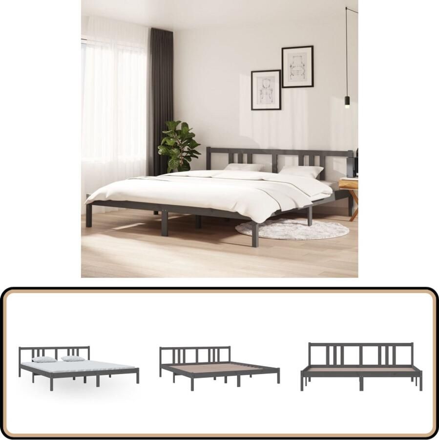 VidaXL Bedframe Massief Hout Grijs 180x200 cm Houten Bedframe Massief Grenenhout Modern Design Bedframe Grijs King Size Bed Tweepersoons Bed Stapelbare Bedbodems