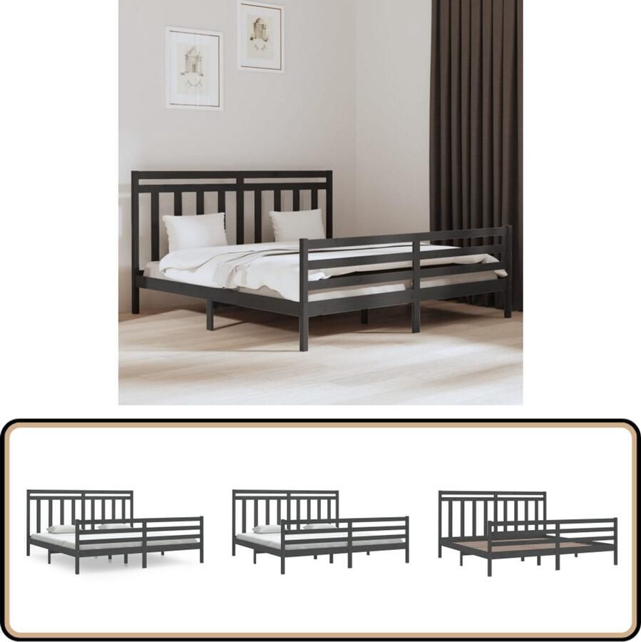 VidaXL Bedframe massief hout Grijs 200x200 cm Bedframe Grenenhouten Bed Tweepersoonsbed Grijs Bed Modern Bed Minimalistisch Bed Boxspring Bed Hoofdbord