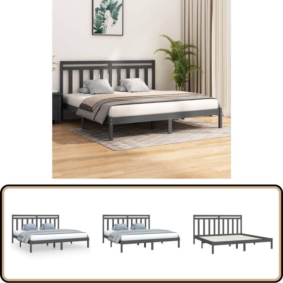 VidaXL Bedframe massief hout grijs 200x200 cm Bedframe Houten Bed Grenenhouten Bed Tweepersoonsbed Boxspring Bed Modern Bed Minimalistisch Bed Grijs Bed
