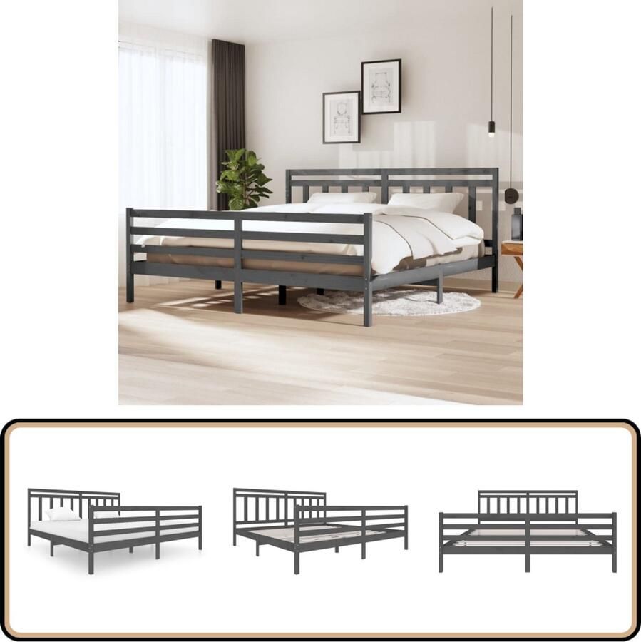 VidaXL Bedframe Massief Hout Grijs 200x200 cm Bedframe Tweepersoons Bed Houten Bed Grijze Bed Massief Grenenhout Bedsteun Slaapcomfort