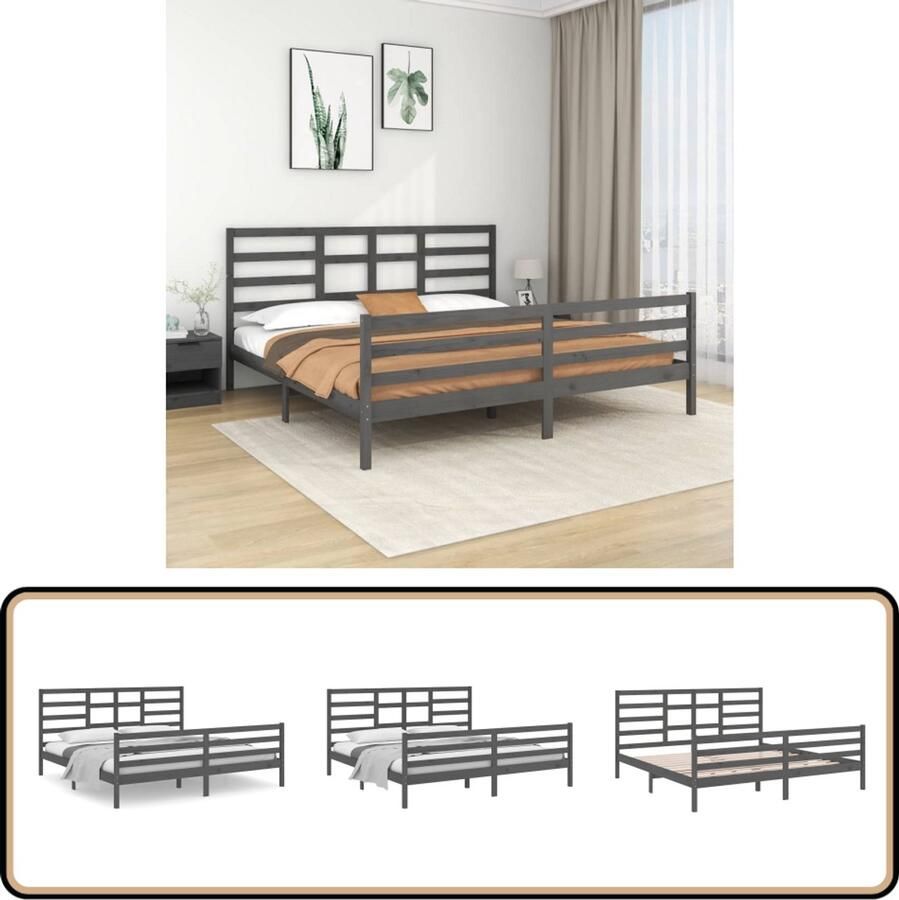 VidaXL Bedframe massief hout grijs 200x200 cm Houten Bedframe Massief Grenenhout Bed Bedframe Grijs Tweepersoons Bed Stapelbare Box Spring