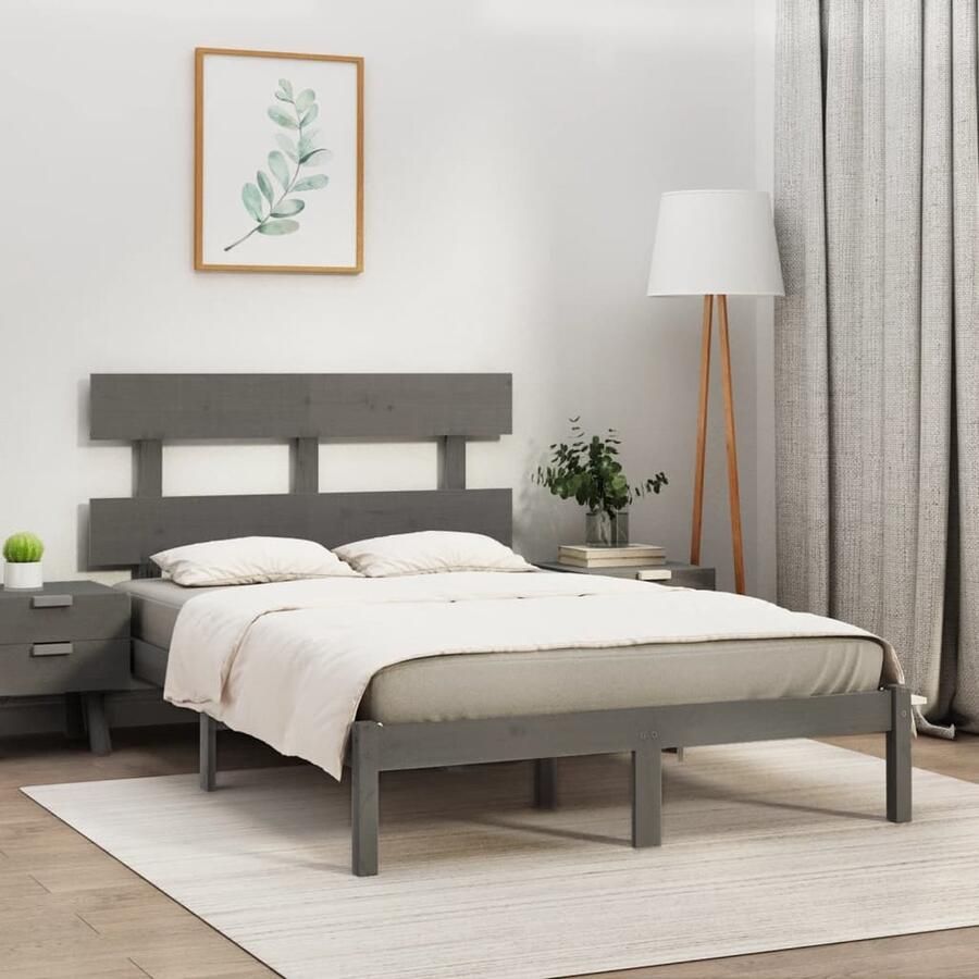 VidaXL Bedframe Massief Hout Grijs 200x200 cm Houten Bedframe Massief Grenenhout Bedframe Grijs Tweepersoons Bed King Size Bed Boxspring Bed Stapelbare Bedden - Foto 2