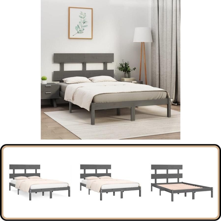 VidaXL Bedframe Massief Hout Grijs 200x200 cm Houten Bedframe Massief Grenenhout Bedframe Grijs Tweepersoons Bed King Size Bed Boxspring Bed Stapelbare Bedden
