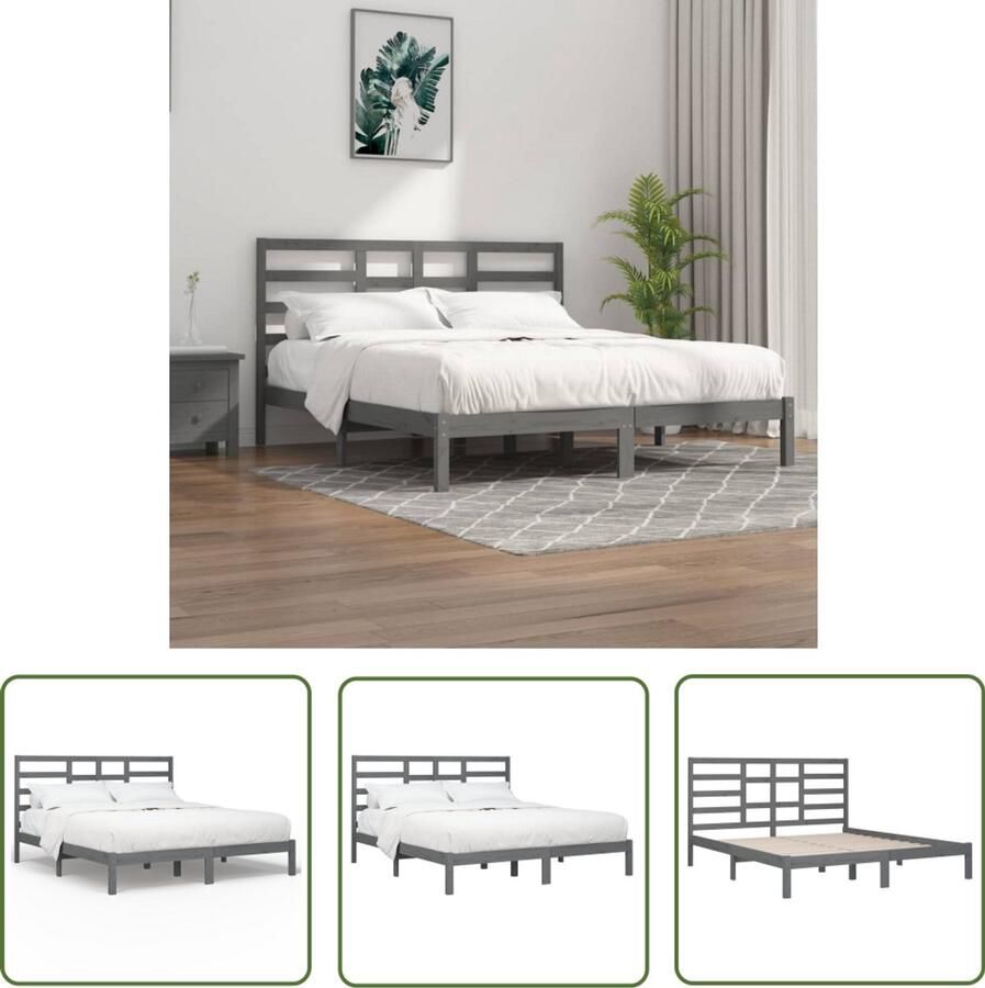 VidaXL Bedframe Massief Hout Grijs 200x200 cm Houten Bedframe Tweepersoons Bed Grijze Bedbank Modern Bed Massief Grenenhout Bed