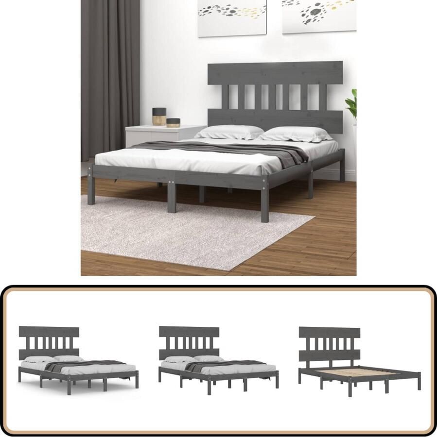 VidaXL Bedframe Massief Hout Grijs 200x200 cm Houten Bedframe Tweepersoonsbed Bedbodems Massief Grenenhout Grijze Bedbank Hoofdbord Slaapkamers