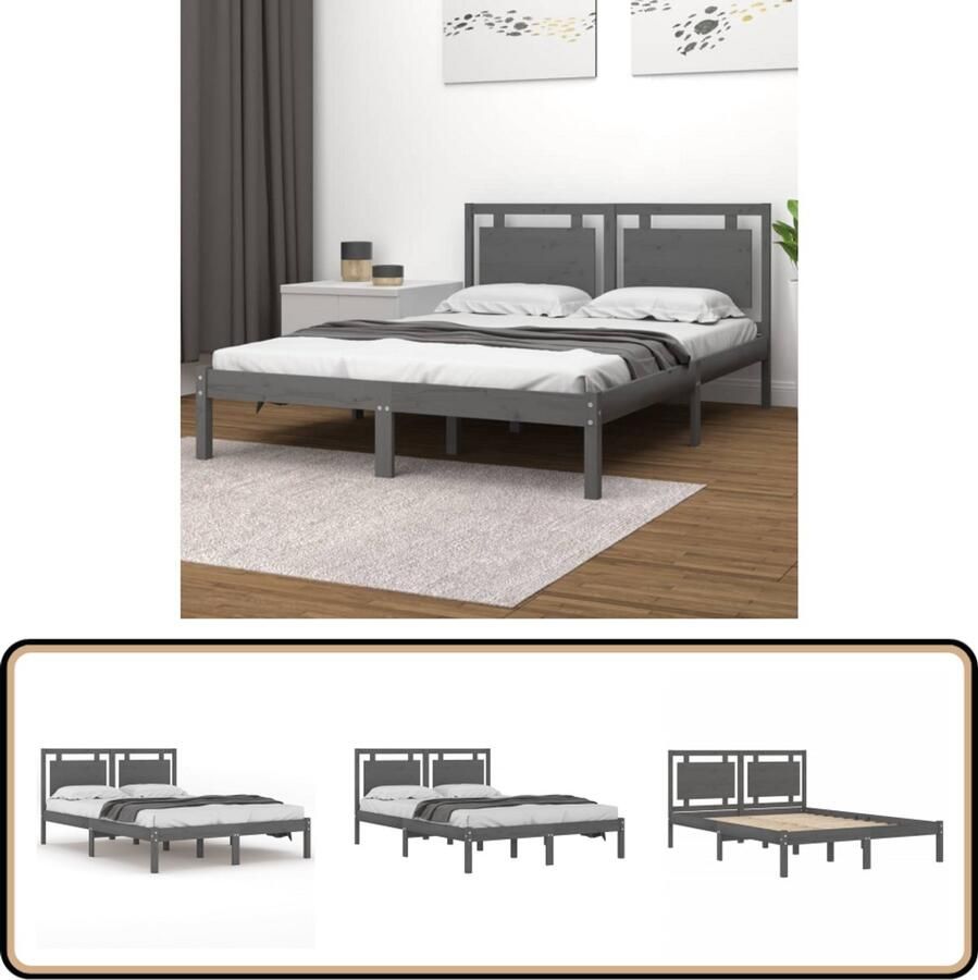 VidaXL Bedframe Massief Hout Grijs 200x200 cm Klassieke Bed Frame Houten Bed Grenenhouten Bed Tweepersoonsbed King Size Bed Met Hoofdbord Grijs Bed Modern Bed Minimalistisch Bed