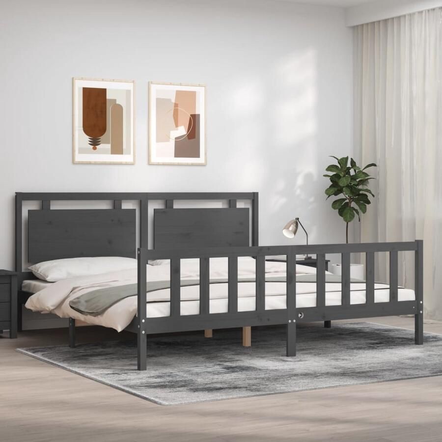 VidaXL Bedframe Massief Hout Grijs 200x200 cm Massief Hout Bed Frame Grenenhout Bed Houten Bed Grijs Bed Tweepersoons Bed Boxspring Bed King Size Bed - Foto 3