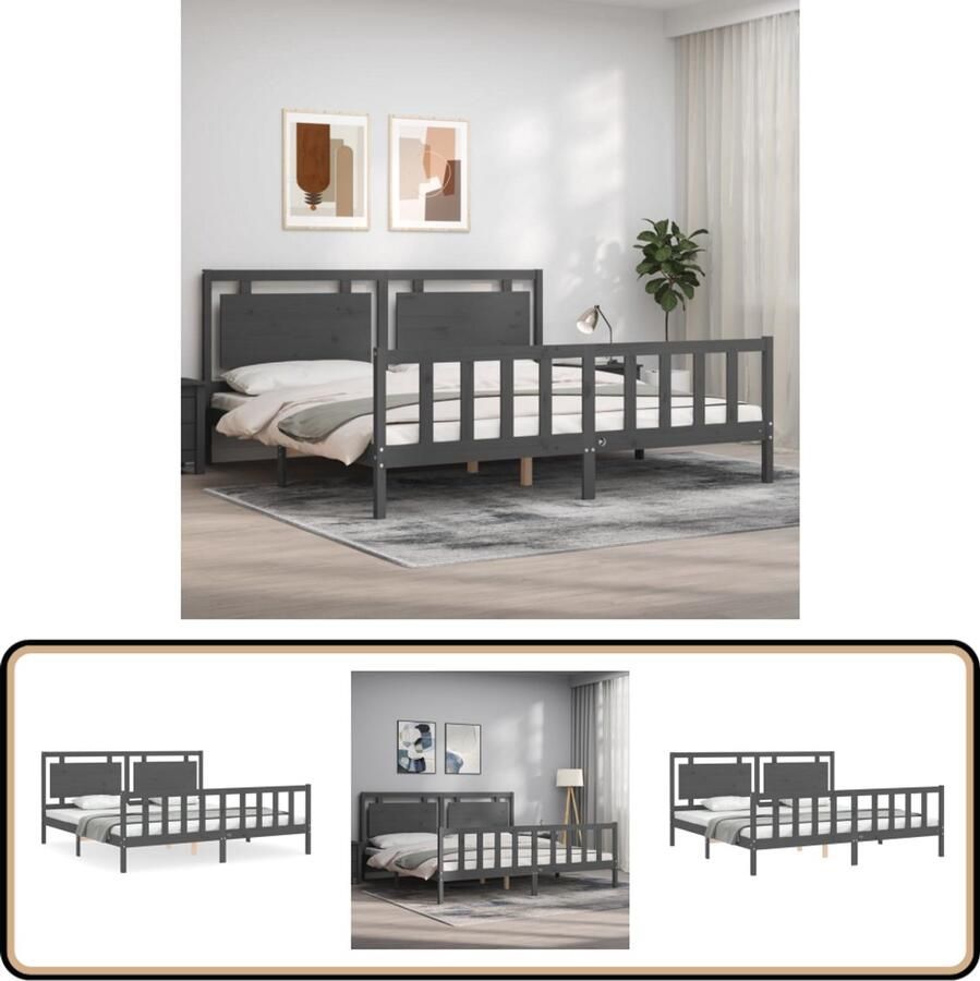 VidaXL Bedframe Massief Hout Grijs 200x200 cm Massief Hout Bed Frame Grenenhout Bed Houten Bed Grijs Bed Tweepersoons Bed Boxspring Bed King Size Bed