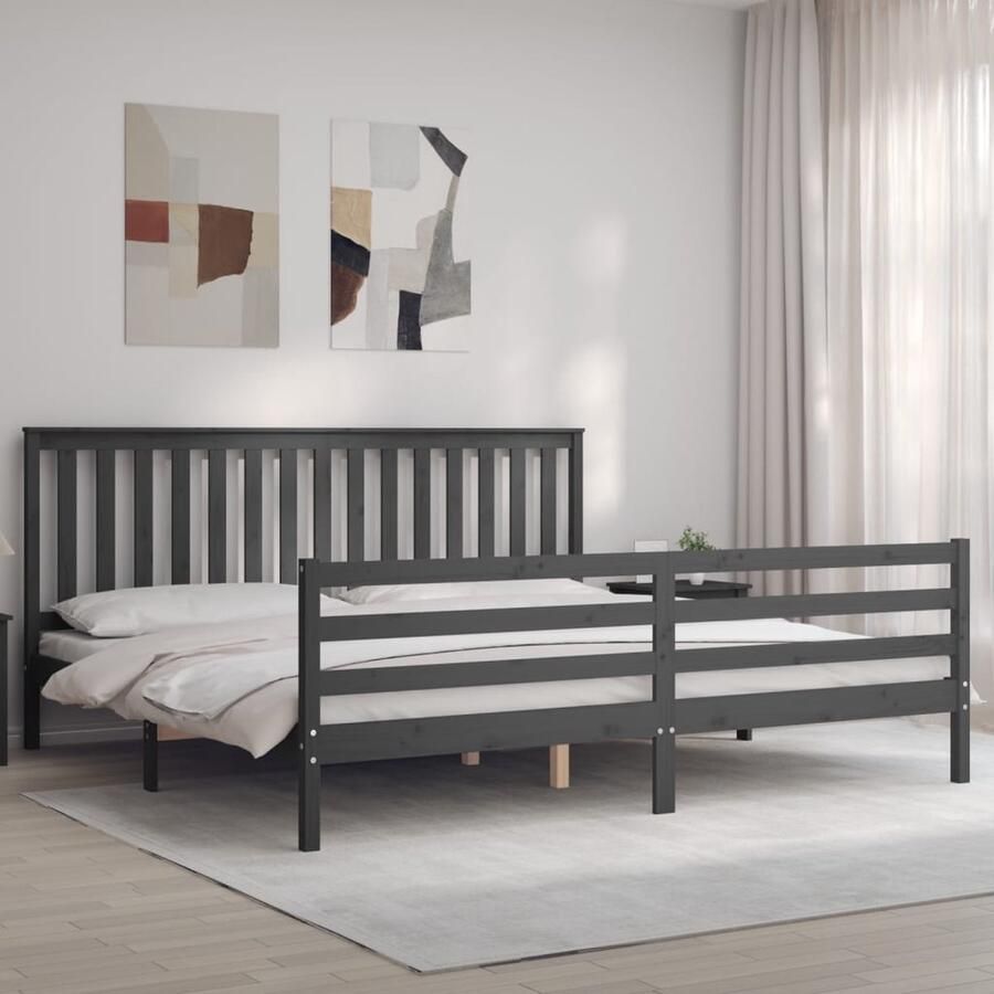 VidaXL Bedframe Massief Hout Grijs 200x200 cm Massief Hout Bed Frame Grenenhout Bed Tweepersoons Bed Grijze Bed Slaapkamer Meubels Boxspring Bed Met Hoofdeind - Foto 2