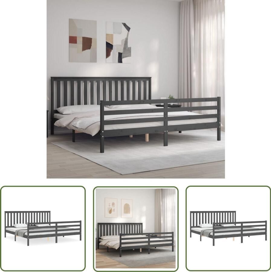 VidaXL Bedframe Massief Hout Grijs 200x200 cm Massief Hout Bed Frame Grenenhout Bed Tweepersoons Bed Grijze Bed Slaapkamer Meubels Boxspring Bed Met Hoofdeind