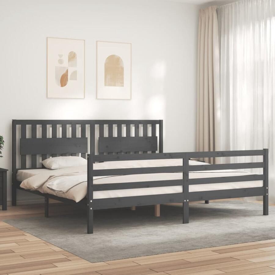 VidaXL Bedframe massief hout grijs 200x200 cm Massief Hout Bed Frame Grenenhouten Bed Met Hoofdbord Tweepersoonsbed Grijs Bed Modern Bed - Foto 2