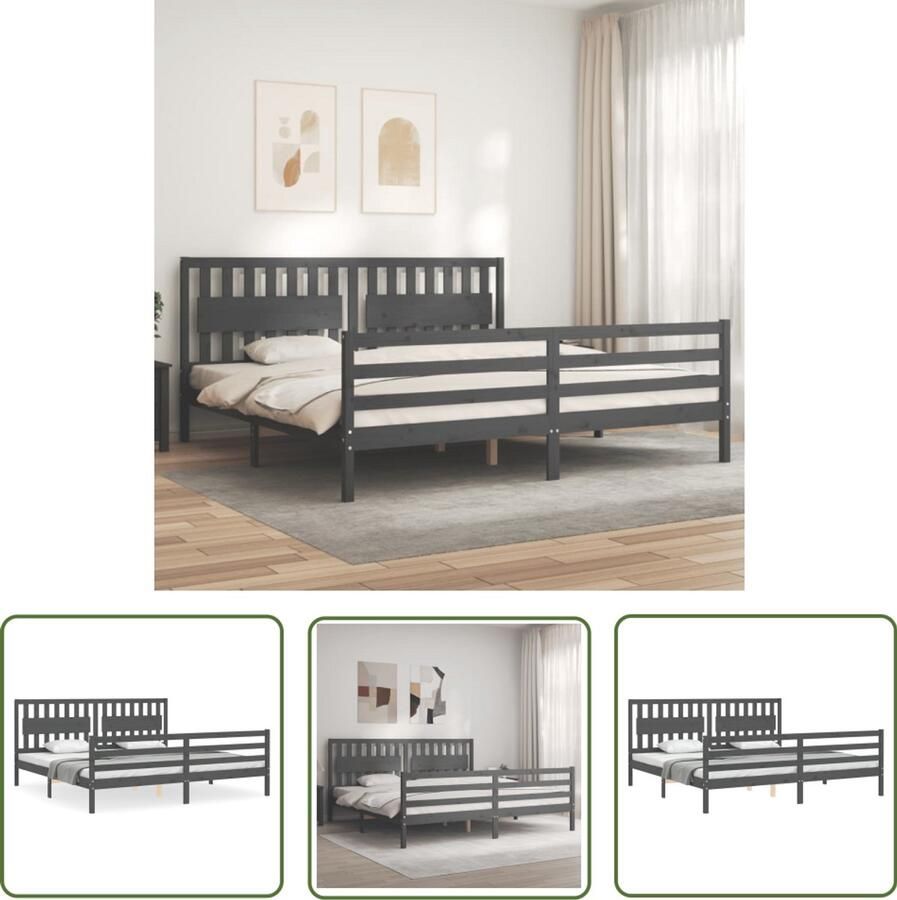 VidaXL Bedframe massief hout grijs 200x200 cm Massief Hout Bed Frame Grenenhouten Bed Met Hoofdbord Tweepersoonsbed Grijs Bed Modern Bed