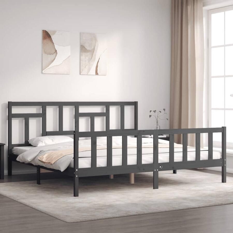 VidaXL Bedframe Massief Hout Grijs 200x200 cm Massief Hout Bed Grenenhout Bed Tweepersoons Bed Grijze Bed Slaapcomfort Design Bed Moderne Slaapkamer - Foto 3