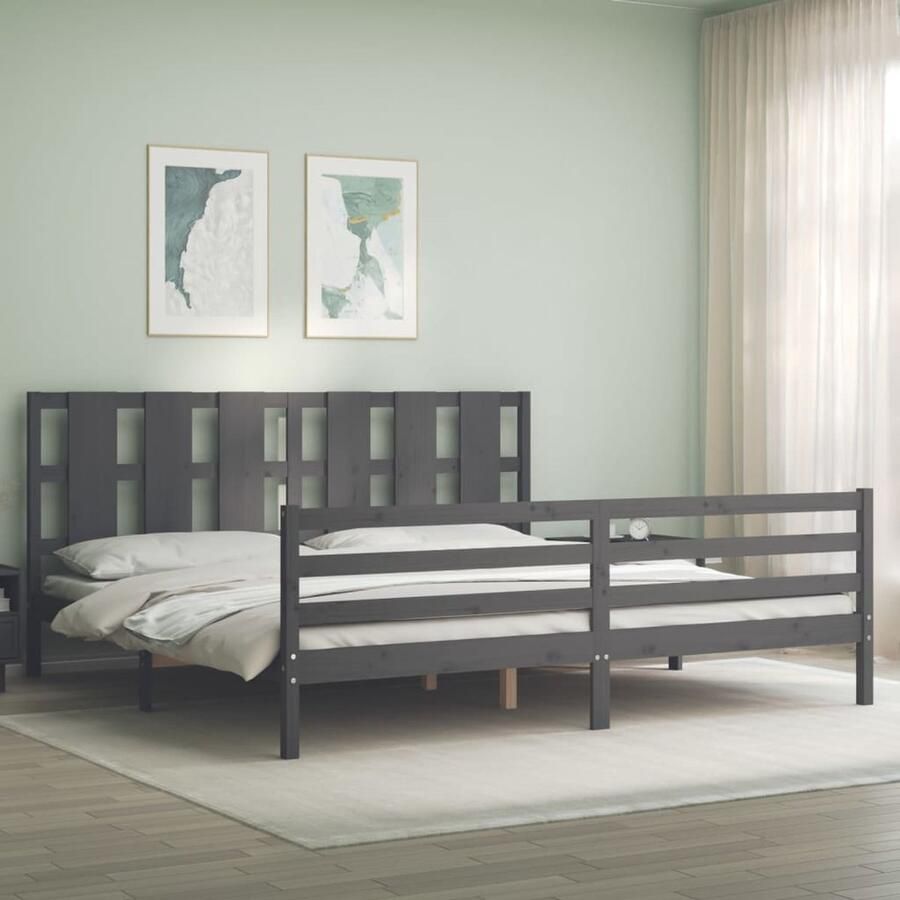 VidaXL Bedframe Massief Hout Grijs 200x200 cm Massief Houten Bed Frame Tweepersoons Bed Grijze Bed Frame Hoofd Bord Bed Frame Met Hoofdbord Slaapkamer Meubels - Foto 2