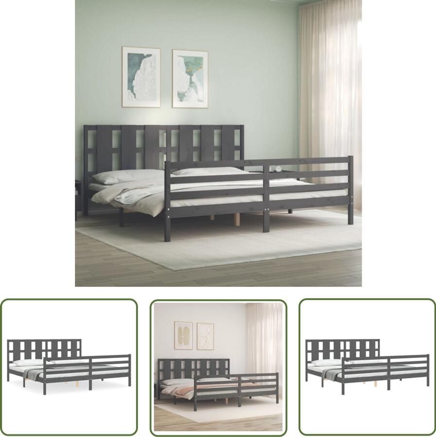 VidaXL Bedframe Massief Hout Grijs 200x200 cm Massief Houten Bed Frame Tweepersoons Bed Grijze Bed Frame Hoofd Bord Bed Frame Met Hoofdbord Slaapkamer Meubels