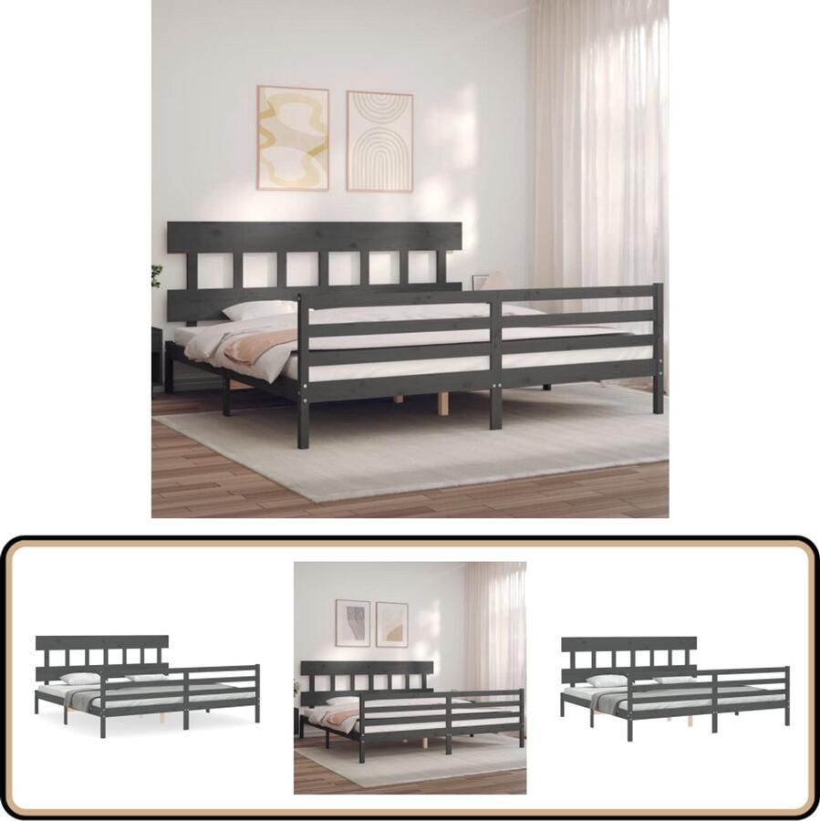 VidaXL Bedframe Massief Hout Grijs 200x200 cm Massieve Houten Bed Frame Tweepersoons Bed Grijs Bed Frame Bed Frame Met Hoofdbord Grenenhouten Bed