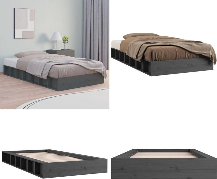 VidaXL Bedframe massief hout grijs 75x190 cm 2FT6 Small Single Bedframe Bedframes Bed Bedbodem - Foto 3