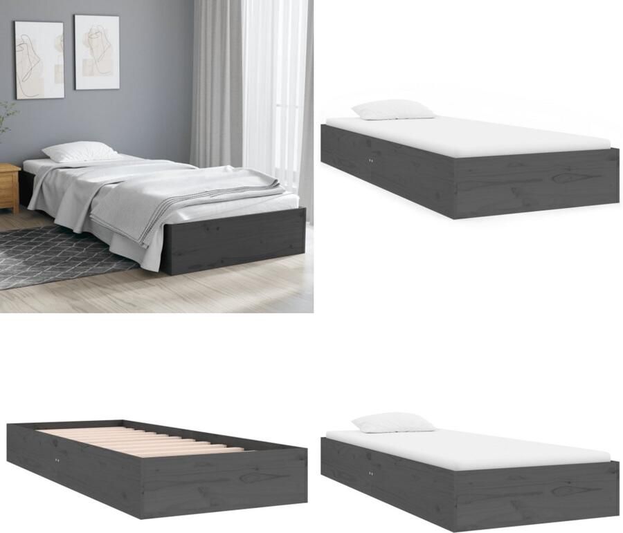 VidaXL Bedframe massief hout grijs 75x190 cm 2FT6 Small Single Bedframe Bedframes Bed Bedbodem - Foto 2