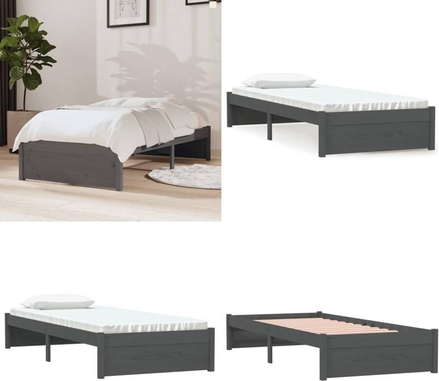 VidaXL Bedframe massief hout grijs 75x190 cm Bedframe Bedframes Bed Bedbodem