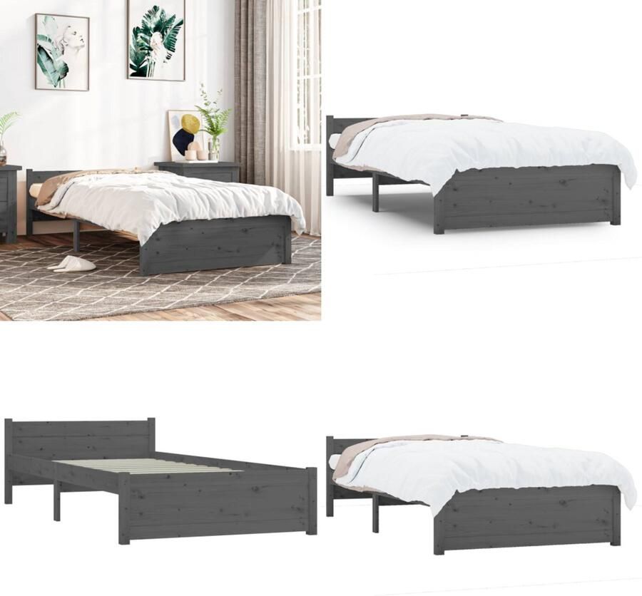 VidaXL Bedframe massief hout grijs 75x190 cm 2FT6 Small Single Bedframe Bedframes Bed Bedbodem