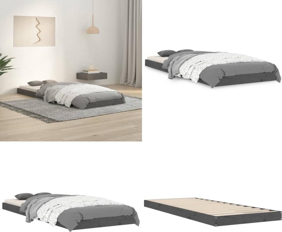 VidaXL Bedframe massief hout grijs 75x190 cm Bedframe Bedframes Eenpersoonsbed Bed
