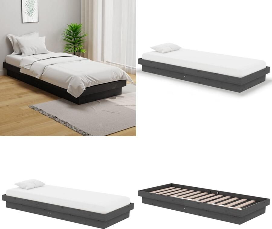 VidaXL Bedframe massief hout grijs 75x190 cm Bedframe Bedframes Eenpersoonsbed Bed