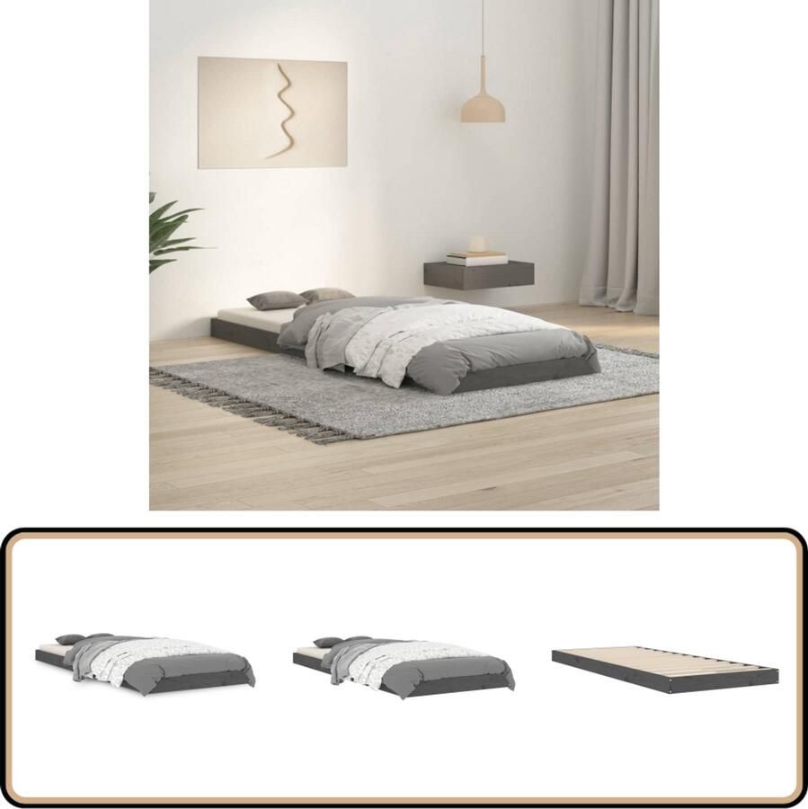 VidaXL Bedframe massief hout Grijs 75x190 cm Houten Bedframe Eenpersoonsbed Grijs Bed Modern Bed Stabiel Bedframe